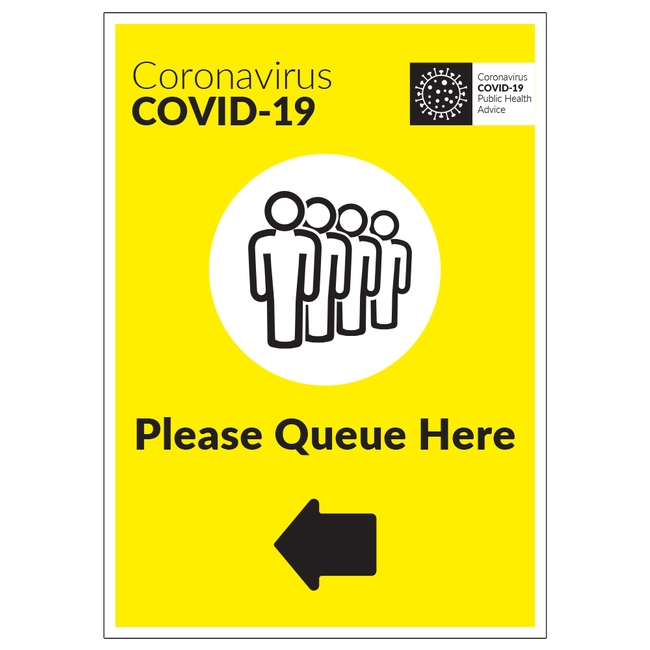 COVID-19 Please Queue Here Arrow Left Sign